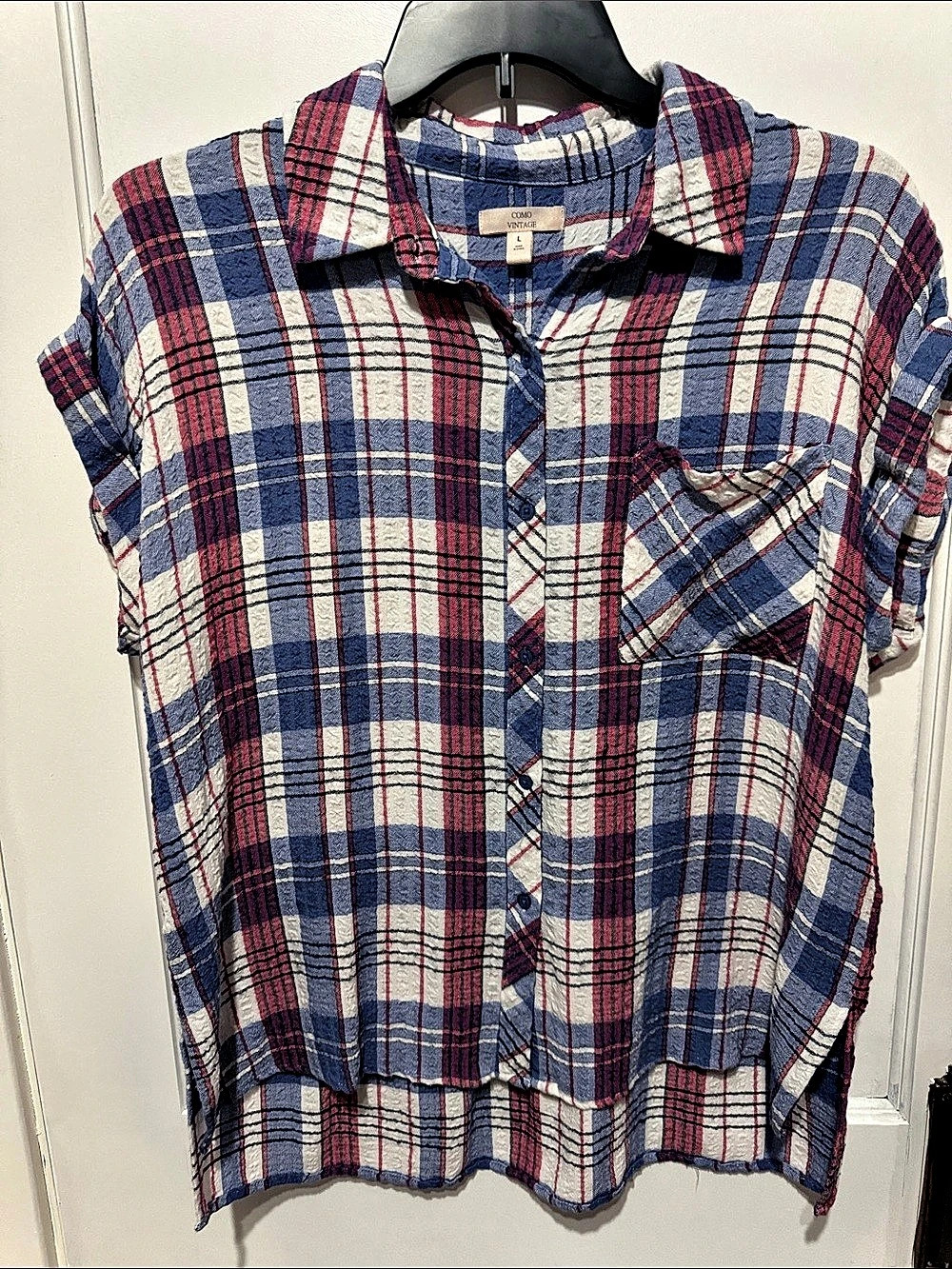 Como Vintage Plaid Short Sleeve Shirt in Blue & Red Size Large